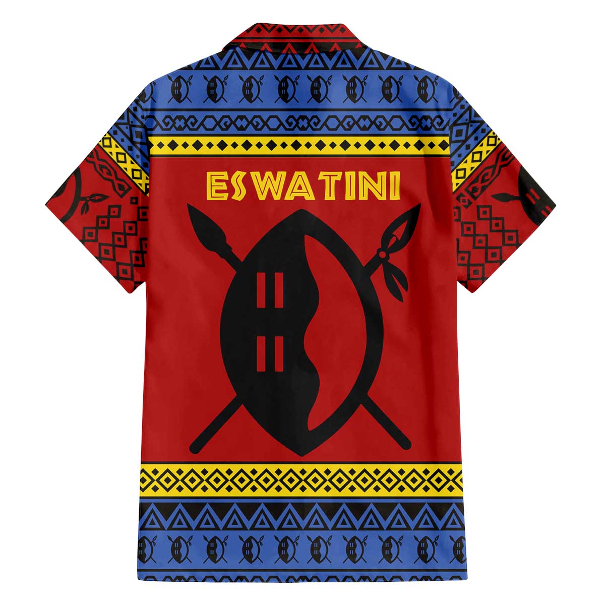 Eswatini Flag Family Matching Off The Shoulder Long Sleeve Dress and Hawaiian Shirt with Traditional Shield Spear and Cultural Pattern Design - Wonder Print Shop