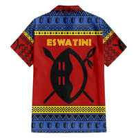 Eswatini Flag Family Matching Off The Shoulder Long Sleeve Dress and Hawaiian Shirt with Traditional Shield Spear and Cultural Pattern Design - Wonder Print Shop