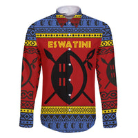 Eswatini Flag Family Matching Off The Shoulder Long Sleeve Dress and Hawaiian Shirt with Traditional Shield Spear and Cultural Pattern Design - Wonder Print Shop