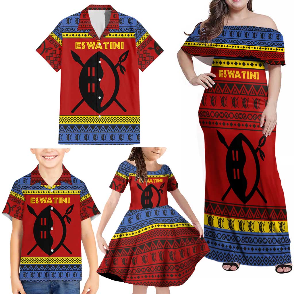 Eswatini Flag Family Matching Off Shoulder Maxi Dress and Hawaiian Shirt with Traditional Shield Spear and Cultural Pattern Design - Wonder Print Shop
