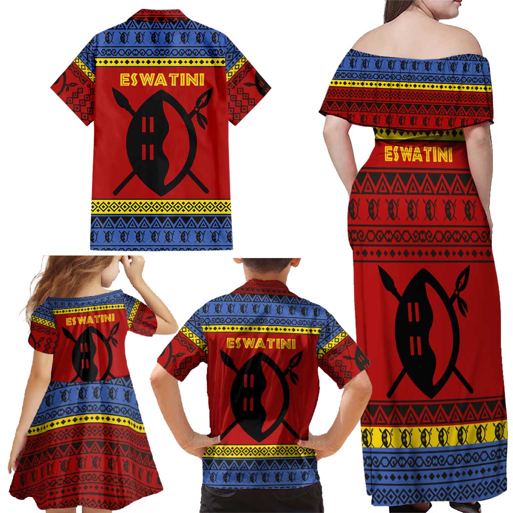 Eswatini Flag Family Matching Off Shoulder Maxi Dress and Hawaiian Shirt with Traditional Shield Spear and Cultural Pattern Design - Wonder Print Shop