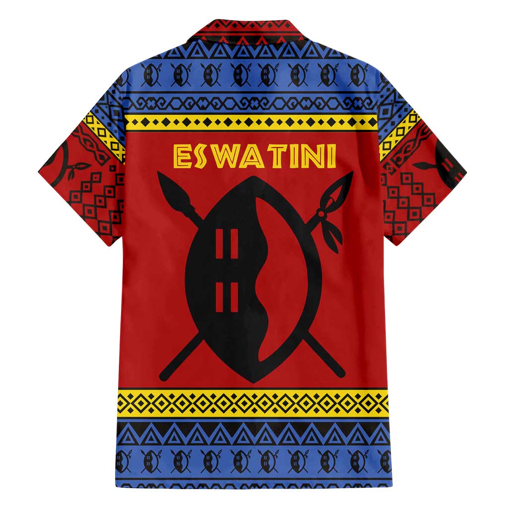 Eswatini Flag Family Matching Off Shoulder Maxi Dress and Hawaiian Shirt with Traditional Shield Spear and Cultural Pattern Design - Wonder Print Shop