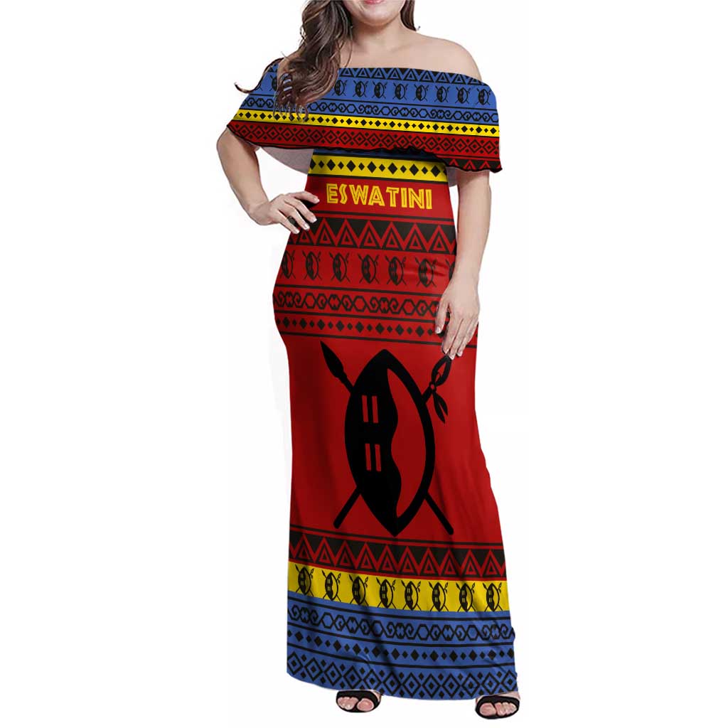 Eswatini Flag Family Matching Off Shoulder Maxi Dress and Hawaiian Shirt with Traditional Shield Spear and Cultural Pattern Design - Wonder Print Shop