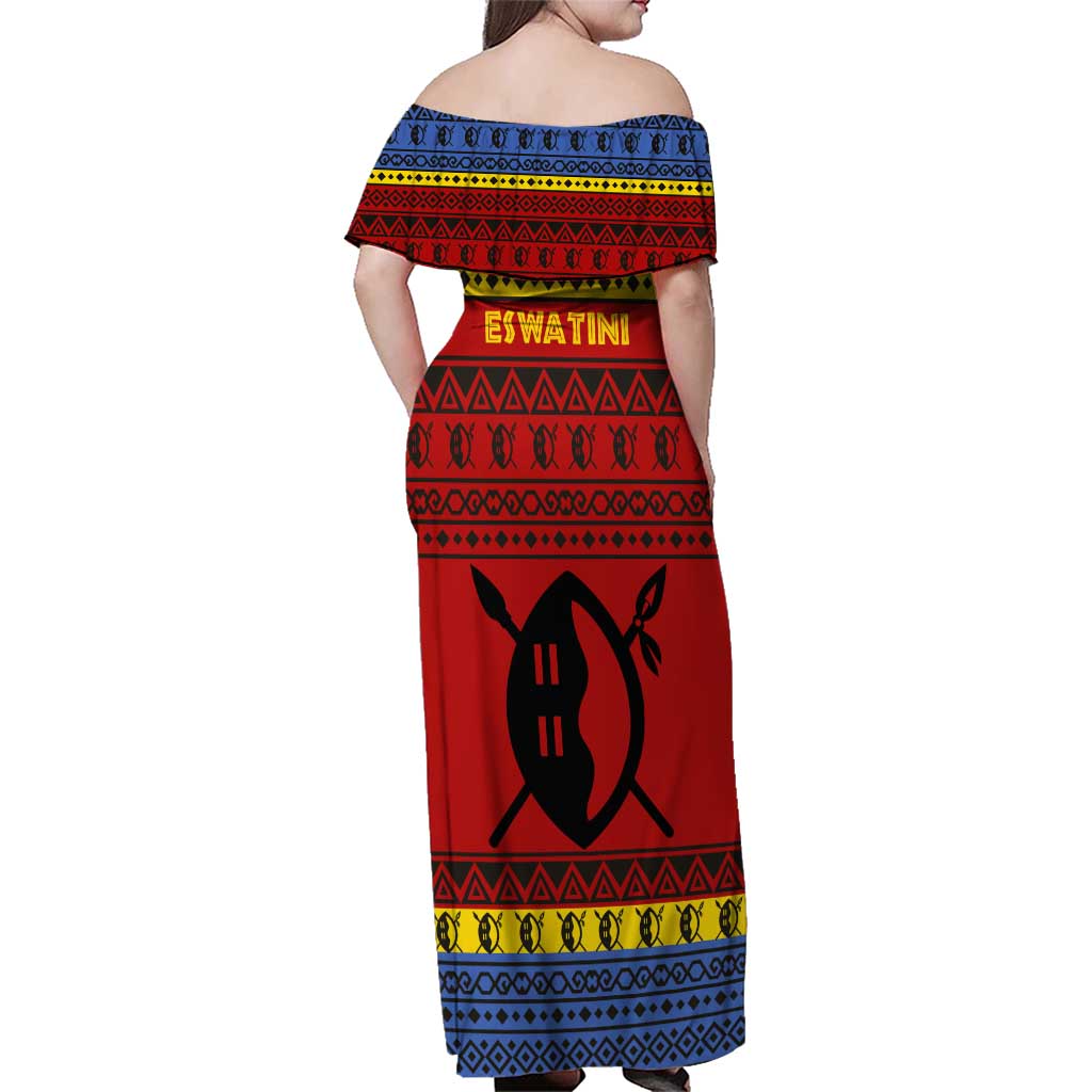 Eswatini Flag Family Matching Off Shoulder Maxi Dress and Hawaiian Shirt with Traditional Shield Spear and Cultural Pattern Design - Wonder Print Shop