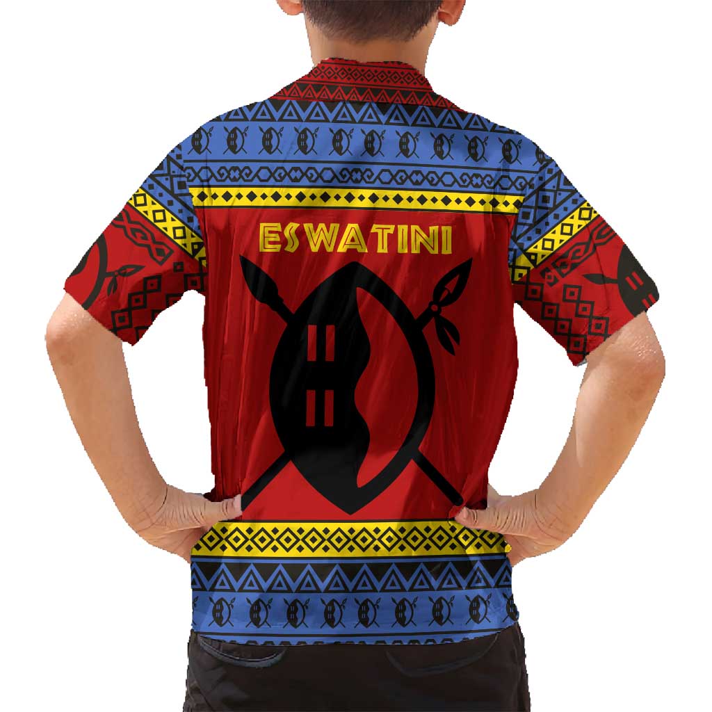 Eswatini Flag Family Matching Off Shoulder Short Dress and Hawaiian Shirt with Traditional Shield Spear and Cultural Pattern Design - Wonder Print Shop