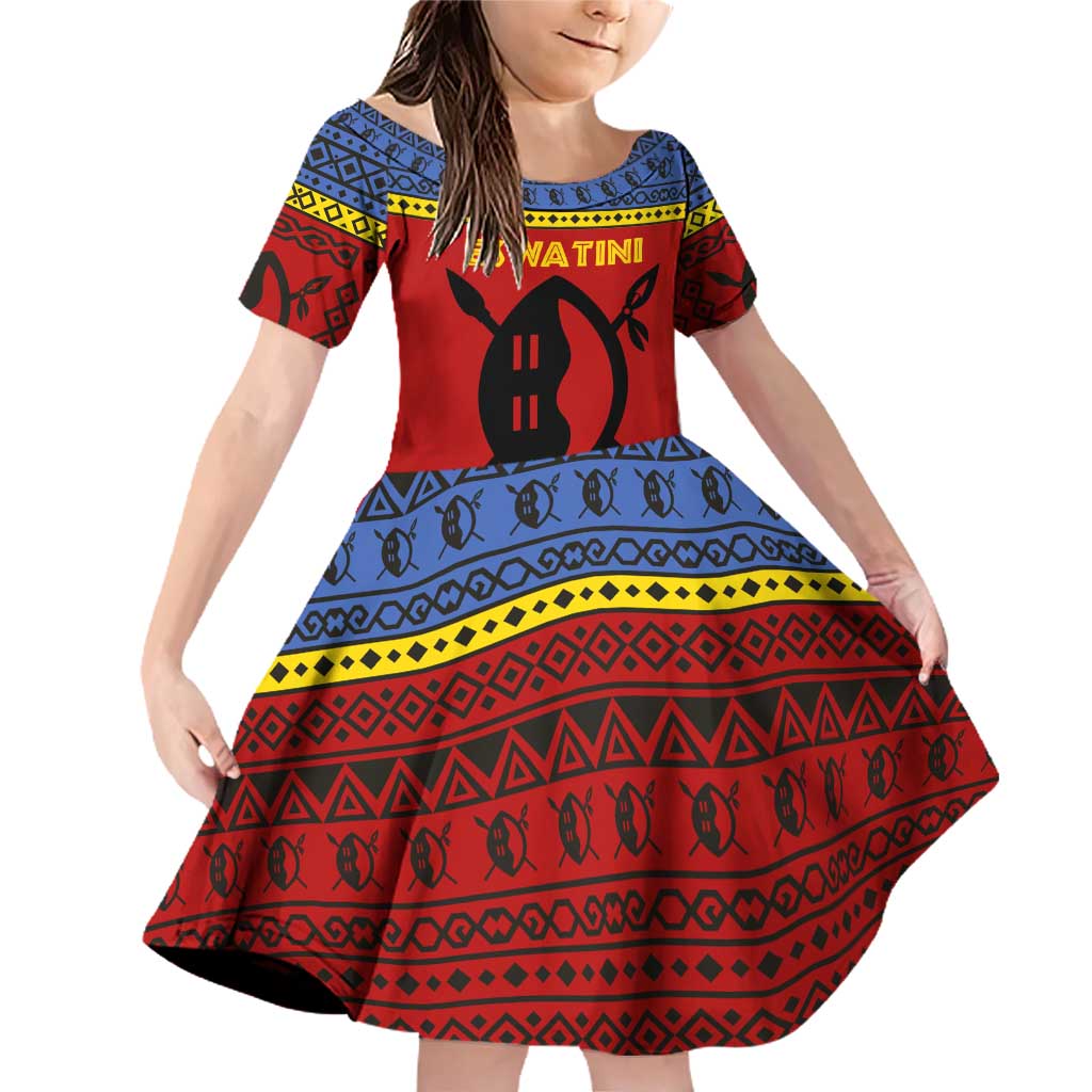 Eswatini Flag Family Matching Off Shoulder Short Dress and Hawaiian Shirt with Traditional Shield Spear and Cultural Pattern Design - Wonder Print Shop