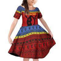 Eswatini Flag Family Matching Off Shoulder Short Dress and Hawaiian Shirt with Traditional Shield Spear and Cultural Pattern Design - Wonder Print Shop