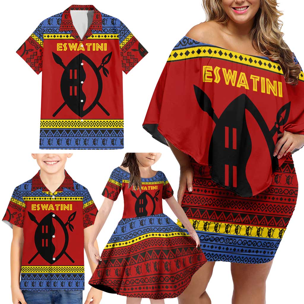 Eswatini Flag Family Matching Off Shoulder Short Dress and Hawaiian Shirt with Traditional Shield Spear and Cultural Pattern Design - Wonder Print Shop