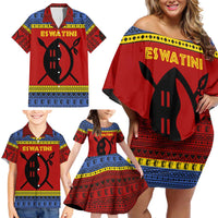 Eswatini Flag Family Matching Off Shoulder Short Dress and Hawaiian Shirt with Traditional Shield Spear and Cultural Pattern Design - Wonder Print Shop