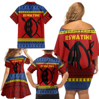 Eswatini Flag Family Matching Off Shoulder Short Dress and Hawaiian Shirt with Traditional Shield Spear and Cultural Pattern Design - Wonder Print Shop