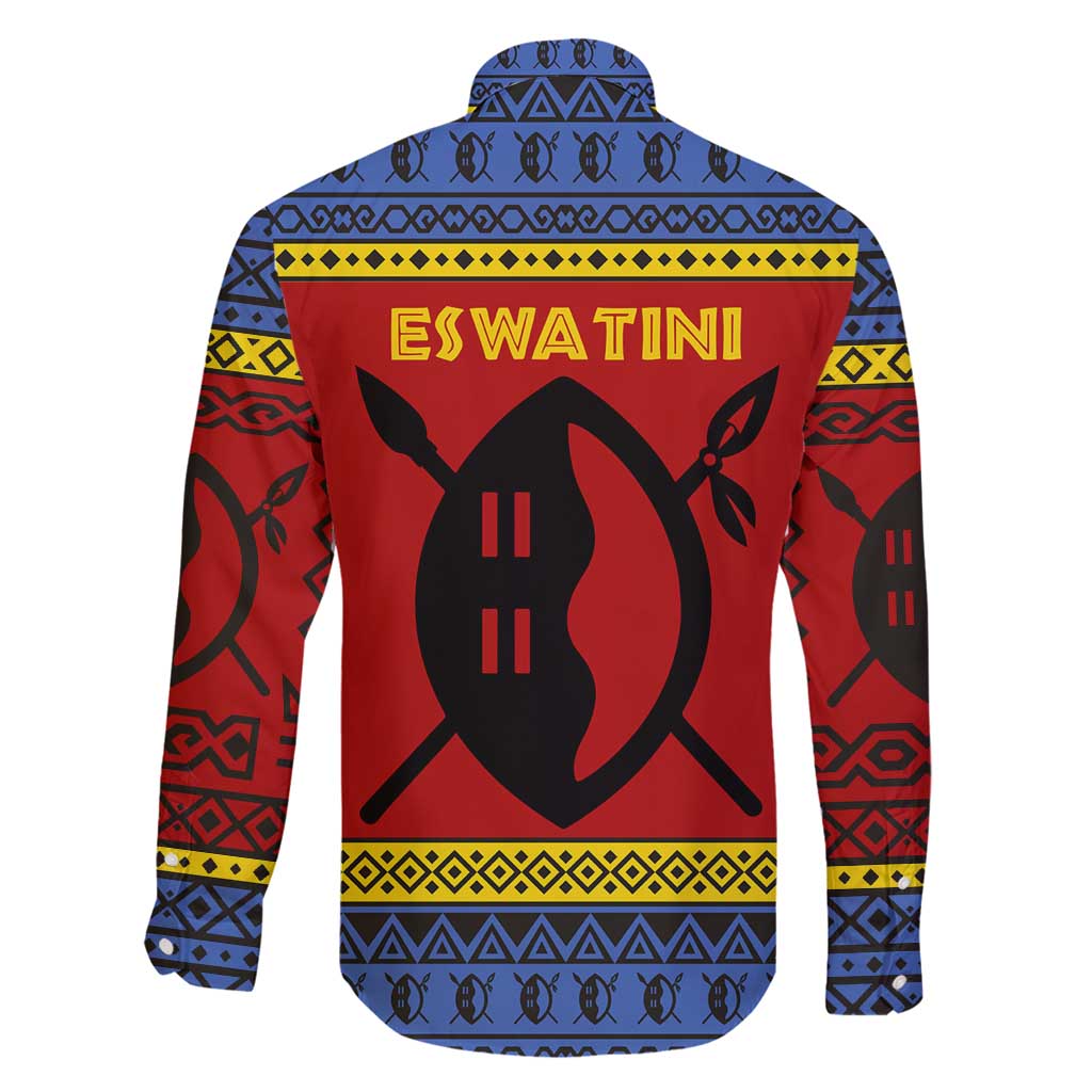 Eswatini Flag Family Matching Off Shoulder Short Dress and Hawaiian Shirt with Traditional Shield Spear and Cultural Pattern Design - Wonder Print Shop