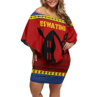 Eswatini Flag Family Matching Off Shoulder Short Dress and Hawaiian Shirt with Traditional Shield Spear and Cultural Pattern Design - Wonder Print Shop