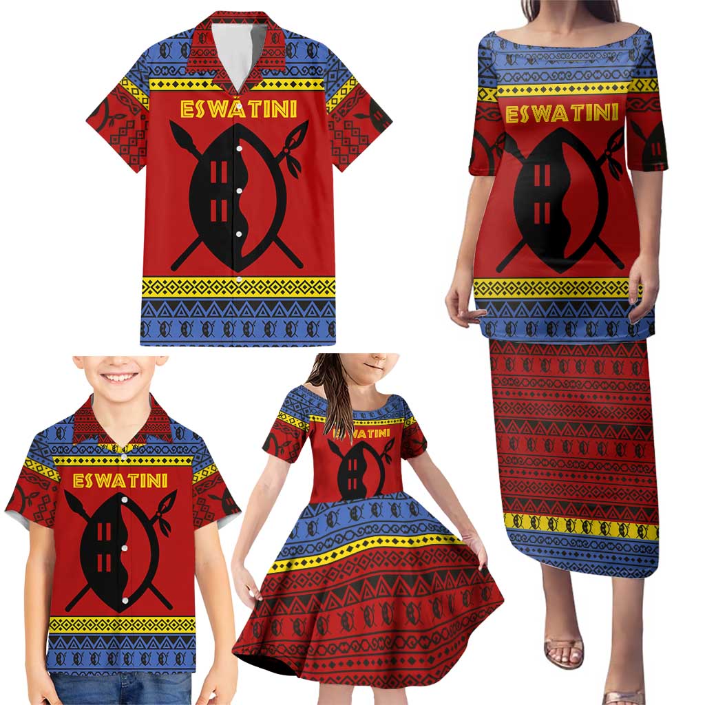 Eswatini Flag Family Matching Puletasi and Hawaiian Shirt with Traditional Shield Spear and Cultural Pattern Design - Wonder Print Shop