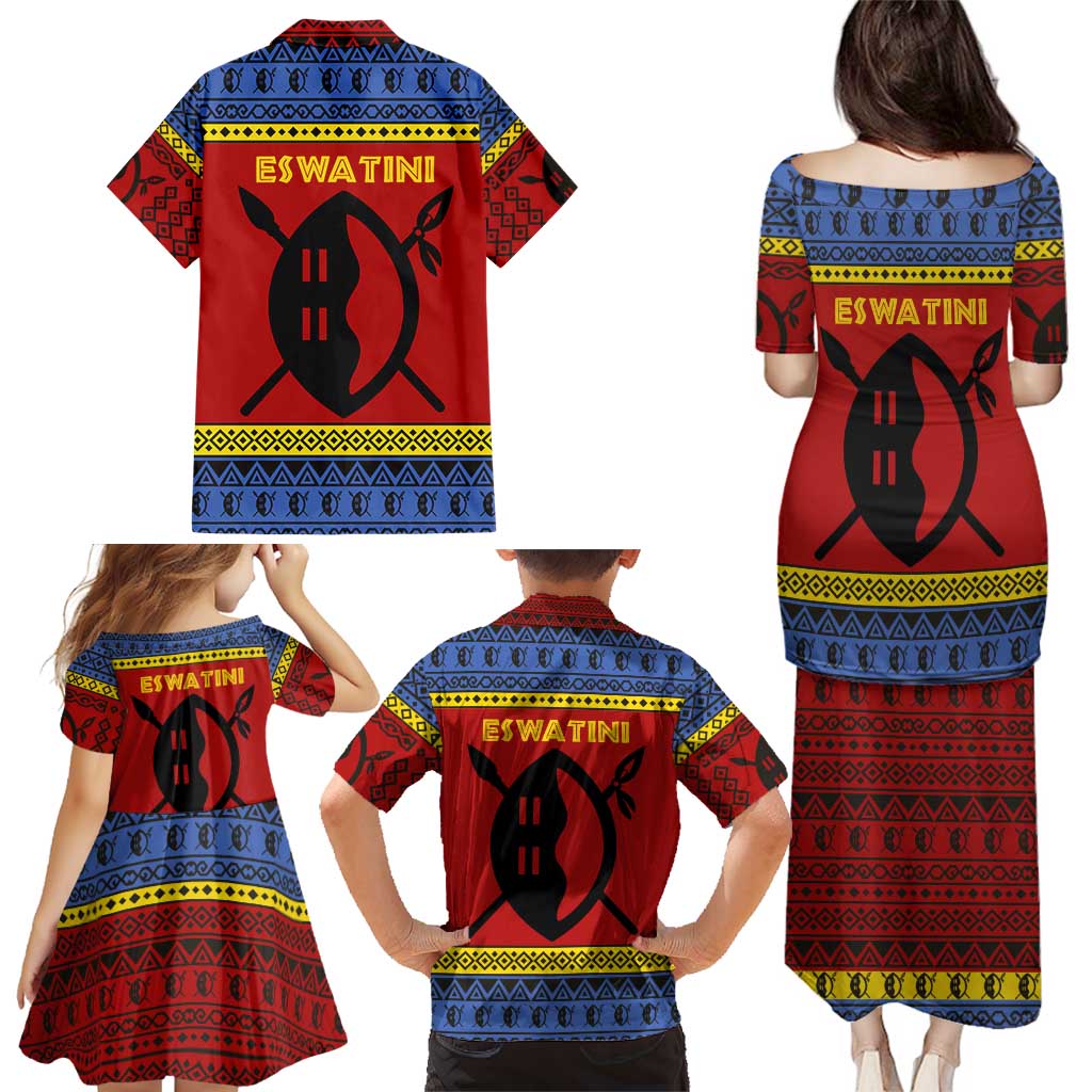 Eswatini Flag Family Matching Puletasi and Hawaiian Shirt with Traditional Shield Spear and Cultural Pattern Design - Wonder Print Shop