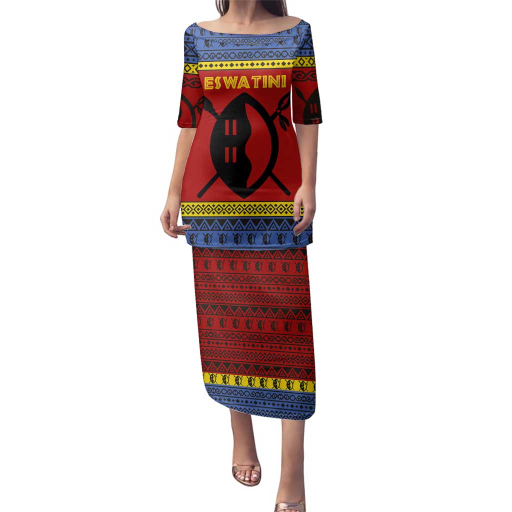 Eswatini Flag Family Matching Puletasi and Hawaiian Shirt with Traditional Shield Spear and Cultural Pattern Design - Wonder Print Shop