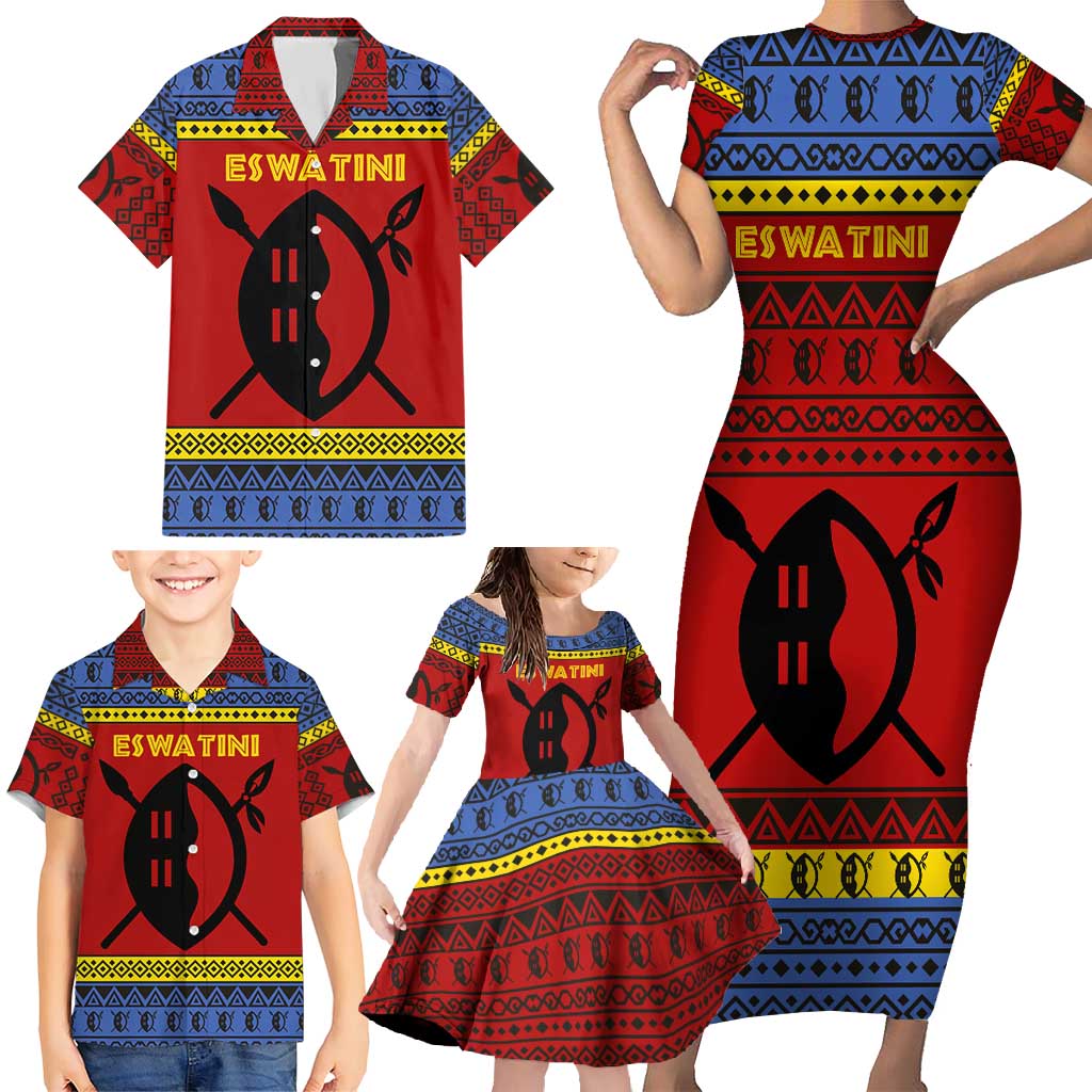Eswatini Flag Family Matching Short Sleeve Bodycon Dress and Hawaiian Shirt with Traditional Shield Spear and Cultural Pattern Design - Wonder Print Shop