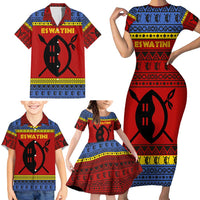 Eswatini Flag Family Matching Short Sleeve Bodycon Dress and Hawaiian Shirt with Traditional Shield Spear and Cultural Pattern Design - Wonder Print Shop