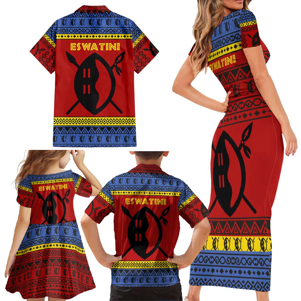 Eswatini Flag Family Matching Short Sleeve Bodycon Dress and Hawaiian Shirt with Traditional Shield Spear and Cultural Pattern Design - Wonder Print Shop