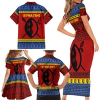 Eswatini Flag Family Matching Short Sleeve Bodycon Dress and Hawaiian Shirt with Traditional Shield Spear and Cultural Pattern Design - Wonder Print Shop