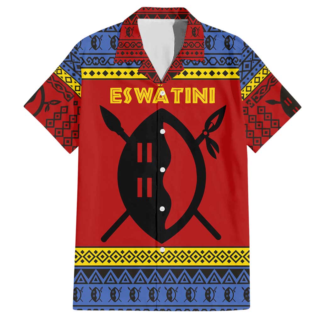 Eswatini Flag Family Matching Short Sleeve Bodycon Dress and Hawaiian Shirt with Traditional Shield Spear and Cultural Pattern Design - Wonder Print Shop