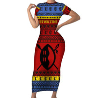 Eswatini Flag Family Matching Short Sleeve Bodycon Dress and Hawaiian Shirt with Traditional Shield Spear and Cultural Pattern Design - Wonder Print Shop