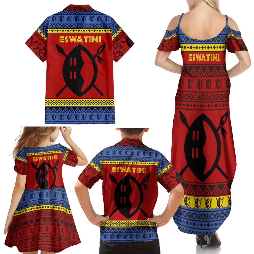 Eswatini Flag Family Matching Summer Maxi Dress and Hawaiian Shirt with Traditional Shield Spear and Cultural Pattern Design - Wonder Print Shop