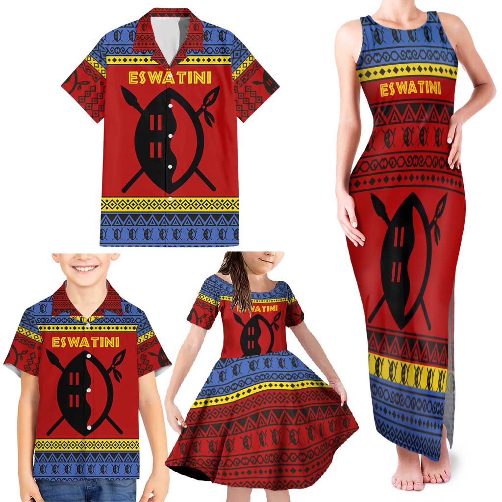 Eswatini Flag Family Matching Tank Maxi Dress and Hawaiian Shirt with Traditional Shield Spear and Cultural Pattern Design - Wonder Print Shop
