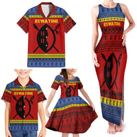 Eswatini Flag Family Matching Tank Maxi Dress and Hawaiian Shirt with Traditional Shield Spear and Cultural Pattern Design - Wonder Print Shop