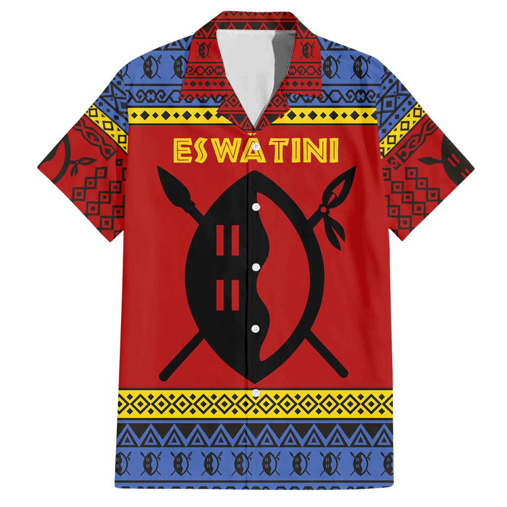 Eswatini Flag Family Matching Tank Maxi Dress and Hawaiian Shirt with Traditional Shield Spear and Cultural Pattern Design - Wonder Print Shop