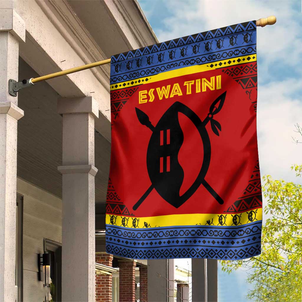 Eswatini Flag Garden Flag with Traditional Shield Spear and Cultural Pattern Design - Wonder Print Shop