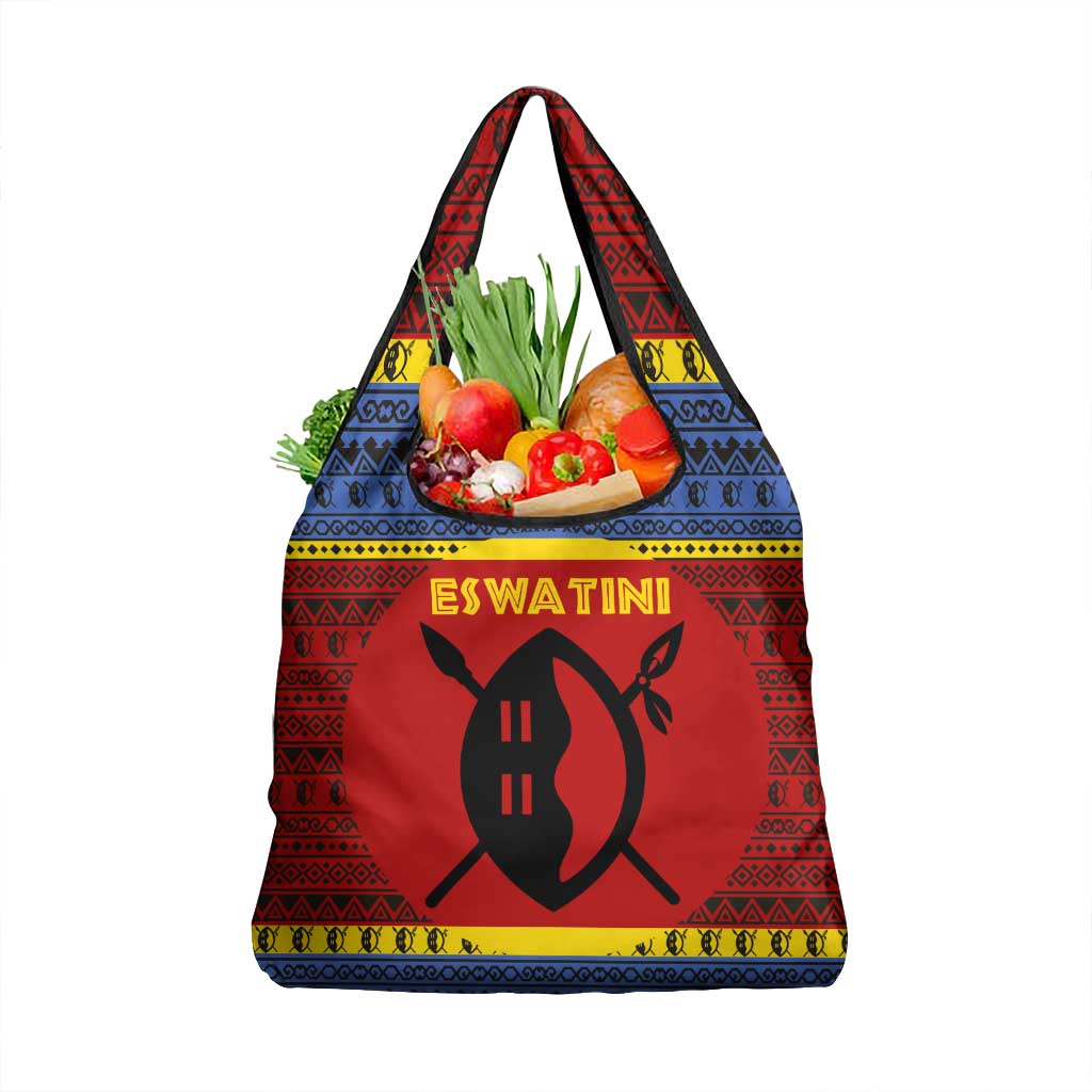 Eswatini Flag Grocery Bag with Traditional Shield Spear and Cultural Pattern Design - Wonder Print Shop