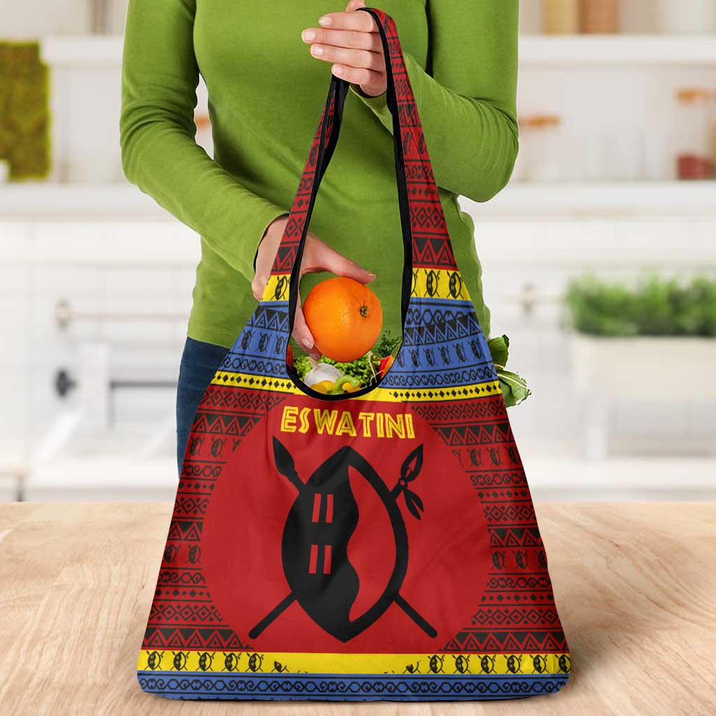 Eswatini Flag Grocery Bag with Traditional Shield Spear and Cultural Pattern Design - Wonder Print Shop