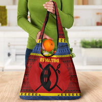 Eswatini Flag Grocery Bag with Traditional Shield Spear and Cultural Pattern Design - Wonder Print Shop