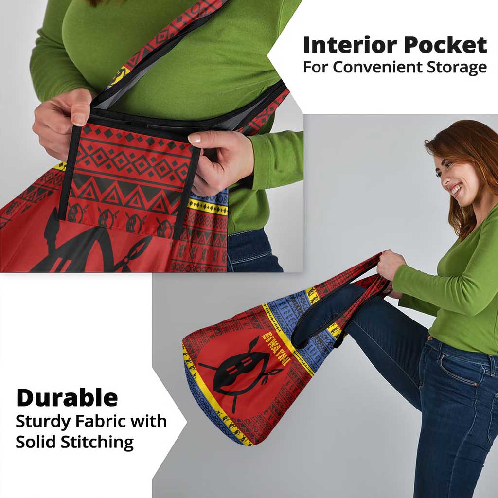 Eswatini Flag Grocery Bag with Traditional Shield Spear and Cultural Pattern Design - Wonder Print Shop