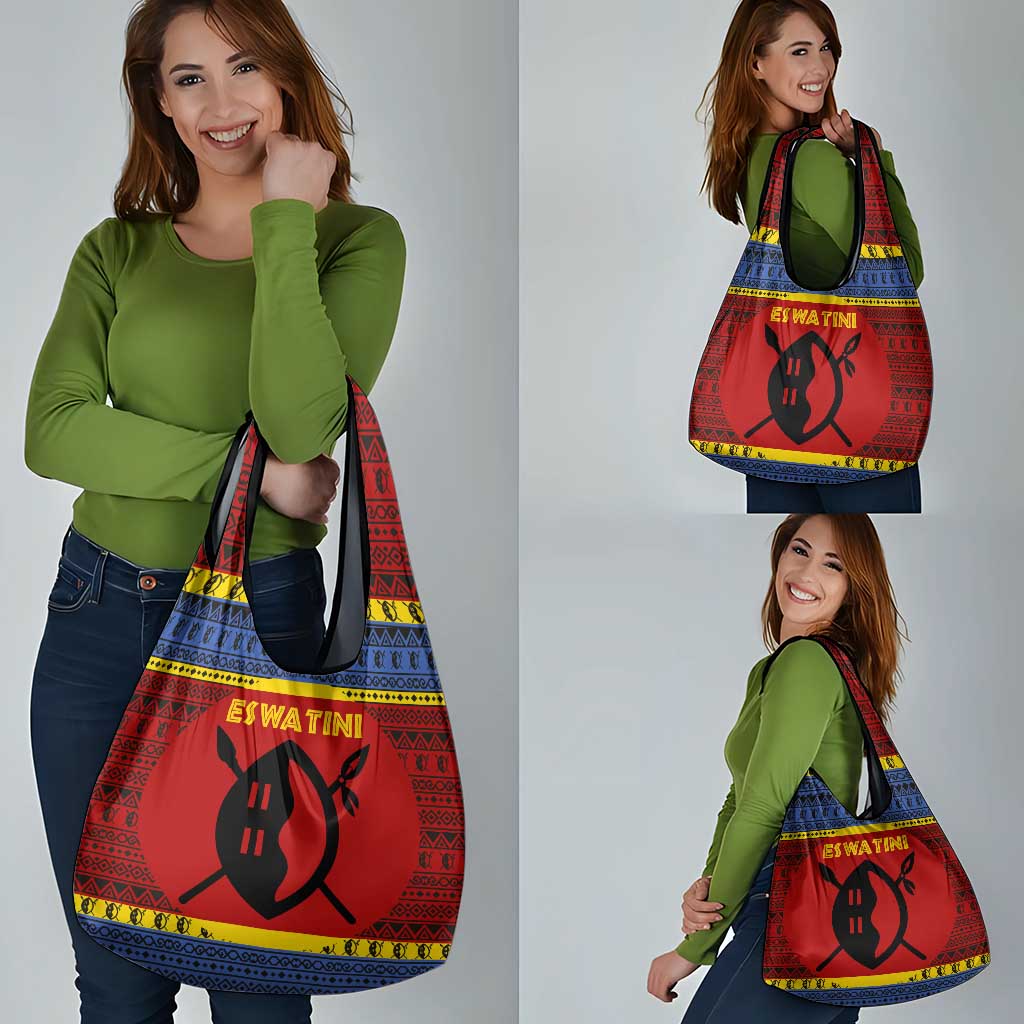 Eswatini Flag Grocery Bag with Traditional Shield Spear and Cultural Pattern Design - Wonder Print Shop