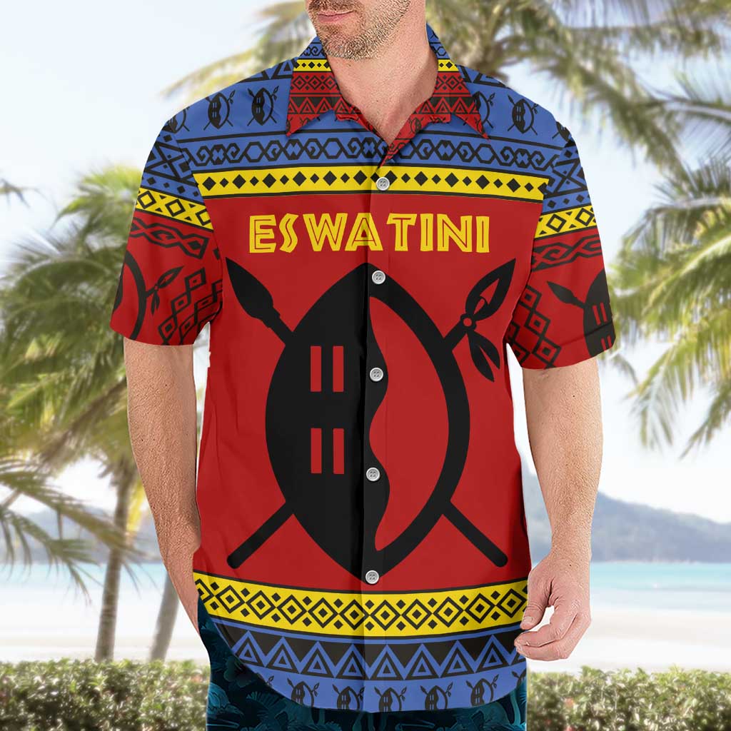 Eswatini Flag Hawaiian Shirt with Traditional Shield Spear and Cultural Pattern Design - Wonder Print Shop