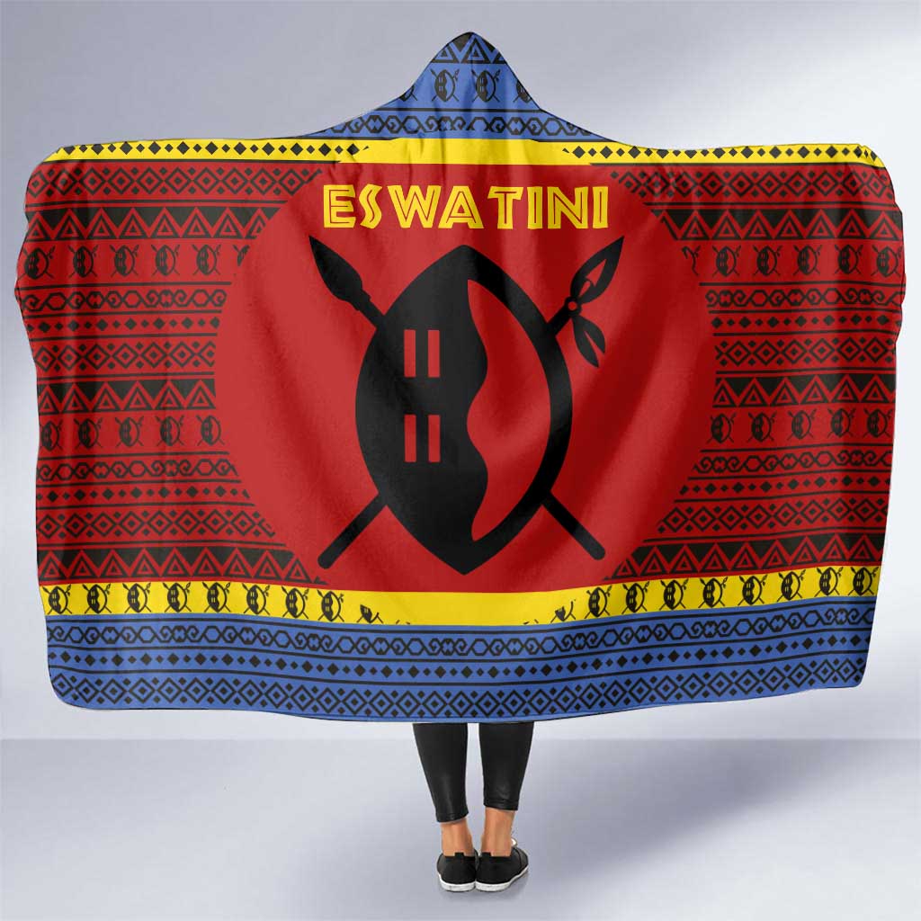 Eswatini Flag Hooded Blanket with Traditional Shield Spear and Cultural Pattern Design - Wonder Print Shop