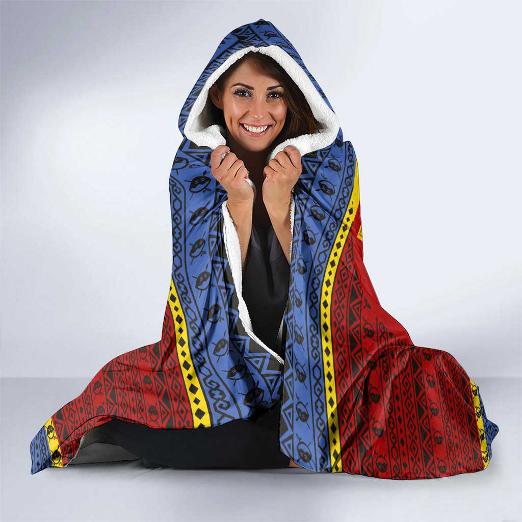 Eswatini Flag Hooded Blanket with Traditional Shield Spear and Cultural Pattern Design - Wonder Print Shop