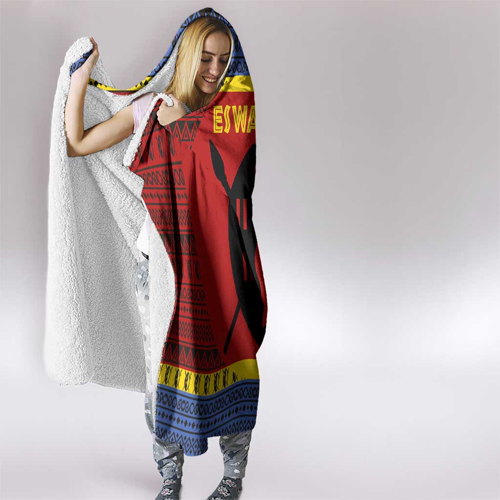 Eswatini Flag Hooded Blanket with Traditional Shield Spear and Cultural Pattern Design - Wonder Print Shop