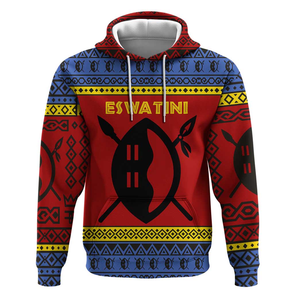 Eswatini Flag Hoodie with Traditional Shield Spear and Cultural Pattern Design - Wonder Print Shop