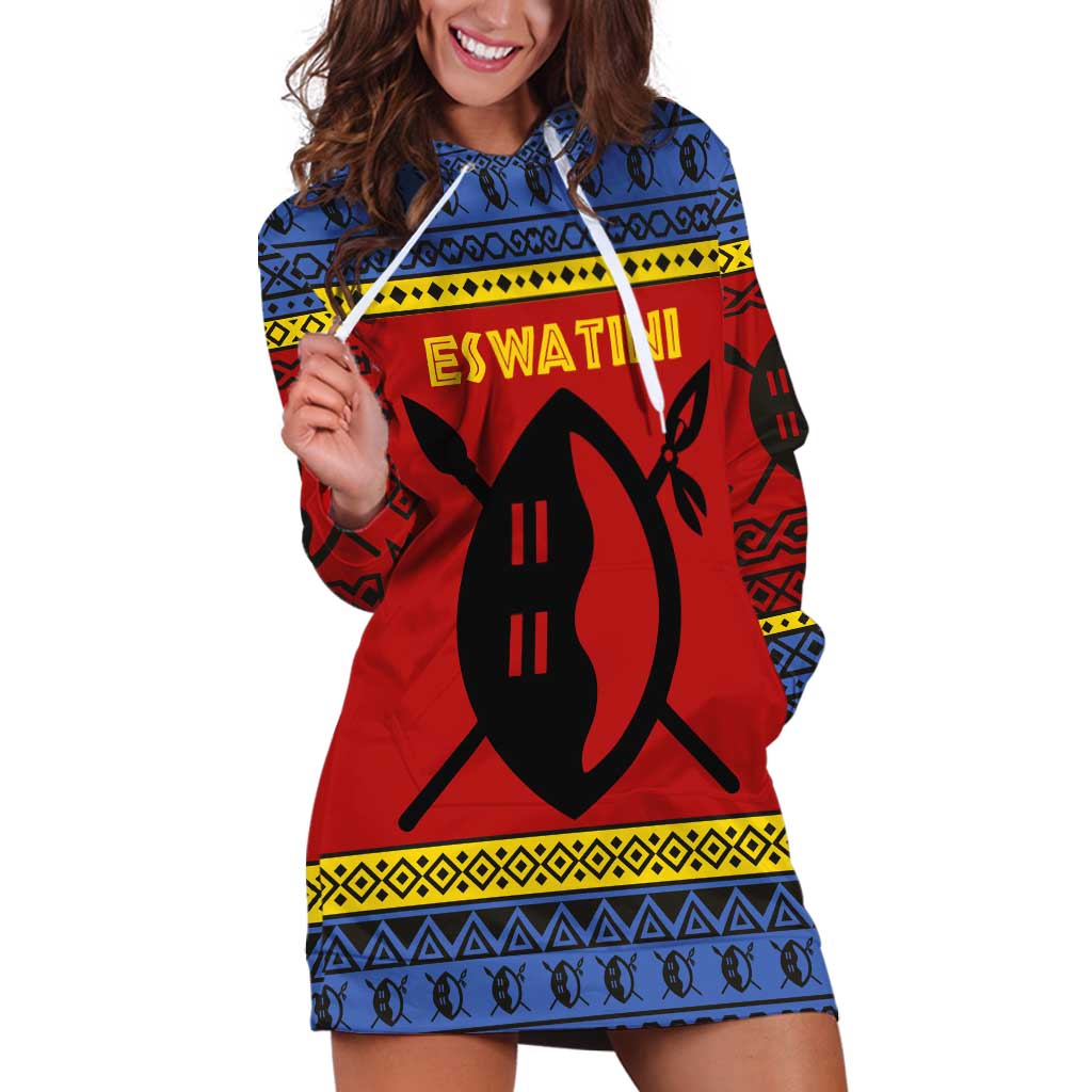 Eswatini Flag Hoodie Dress with Traditional Shield Spear and Cultural Pattern Design - Wonder Print Shop