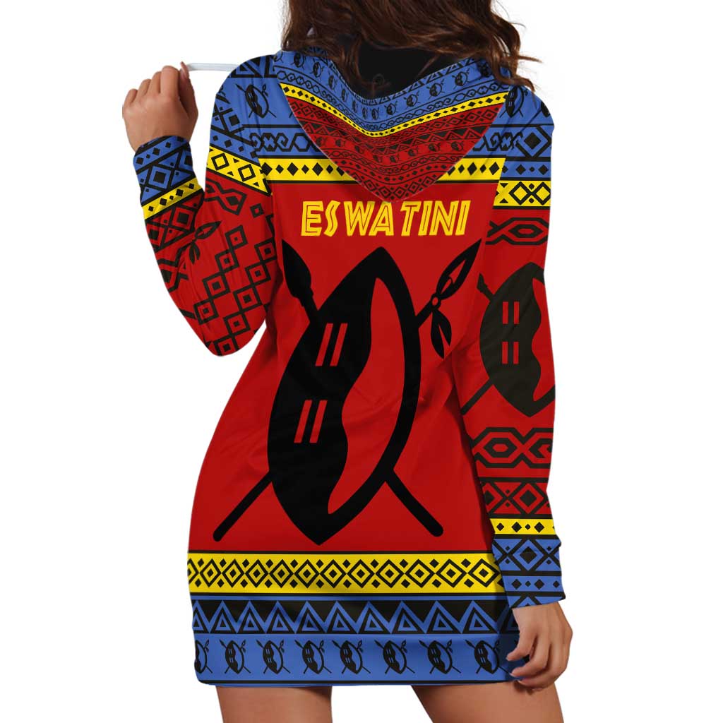 Eswatini Flag Hoodie Dress with Traditional Shield Spear and Cultural Pattern Design - Wonder Print Shop