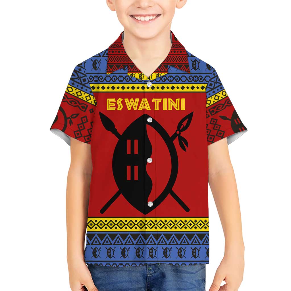 Eswatini Flag Kid Hawaiian Shirt with Traditional Shield Spear and Cultural Pattern Design - Wonder Print Shop