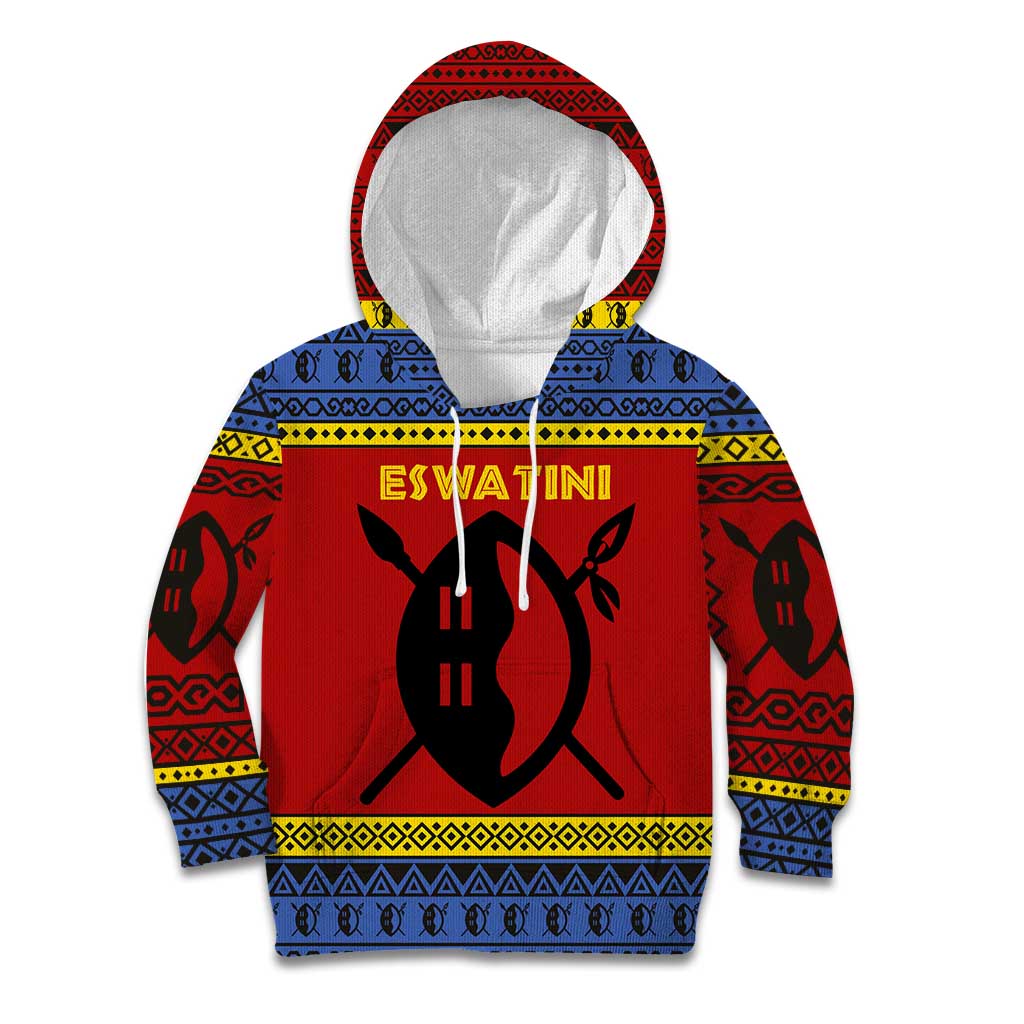 Eswatini Flag Kid Hoodie with Traditional Shield Spear and Cultural Pattern Design - Wonder Print Shop
