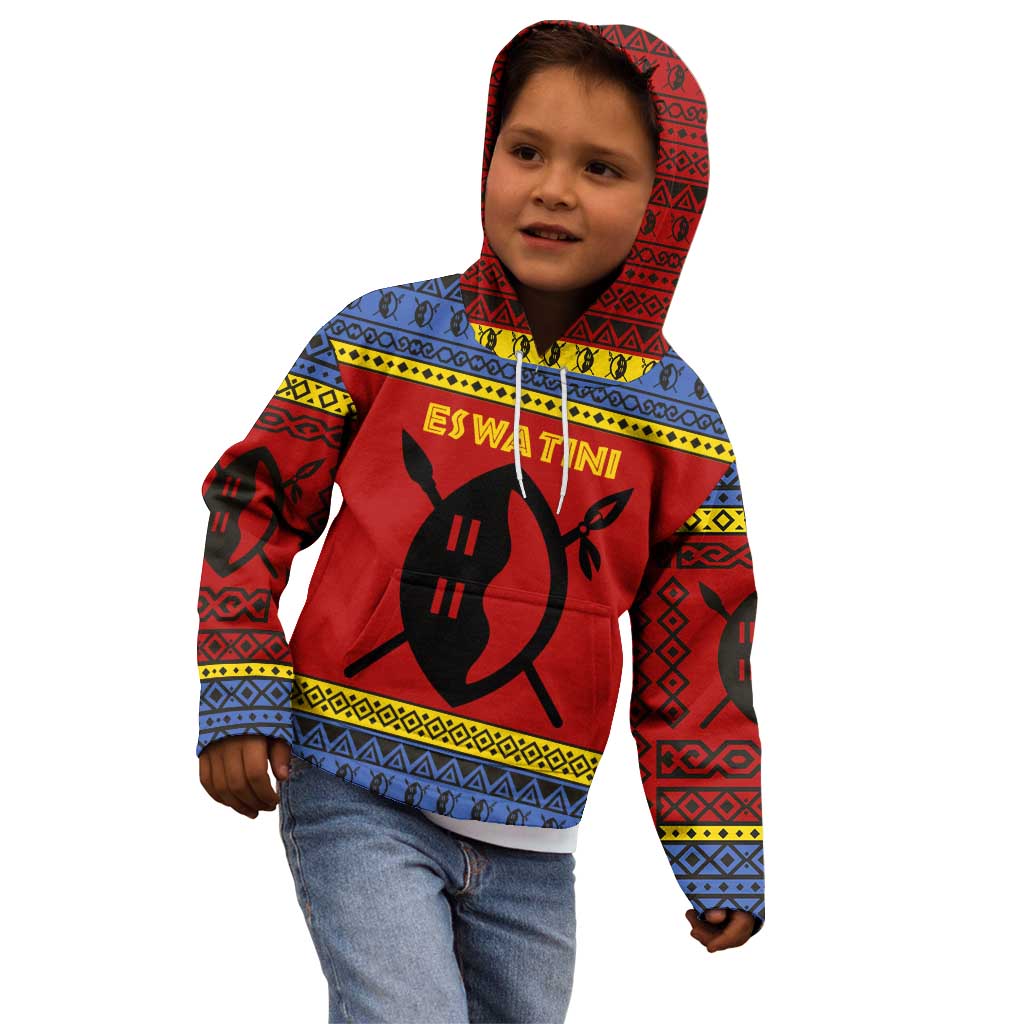 Eswatini Flag Kid Hoodie with Traditional Shield Spear and Cultural Pattern Design - Wonder Print Shop