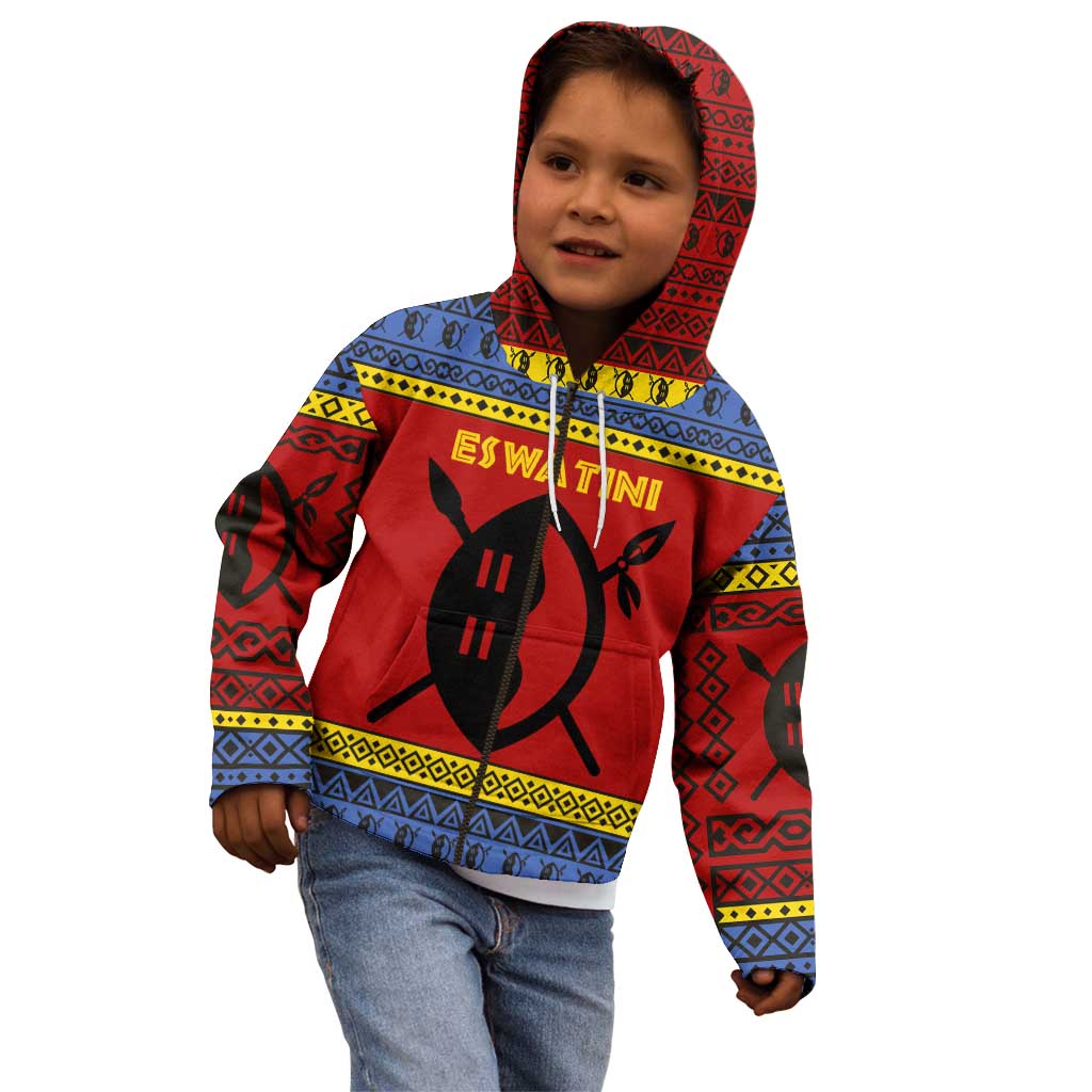 Eswatini Flag Kid Hoodie with Traditional Shield Spear and Cultural Pattern Design - Wonder Print Shop
