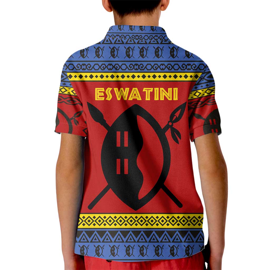 Eswatini Flag Kid Polo Shirt with Traditional Shield Spear and Cultural Pattern Design - Wonder Print Shop