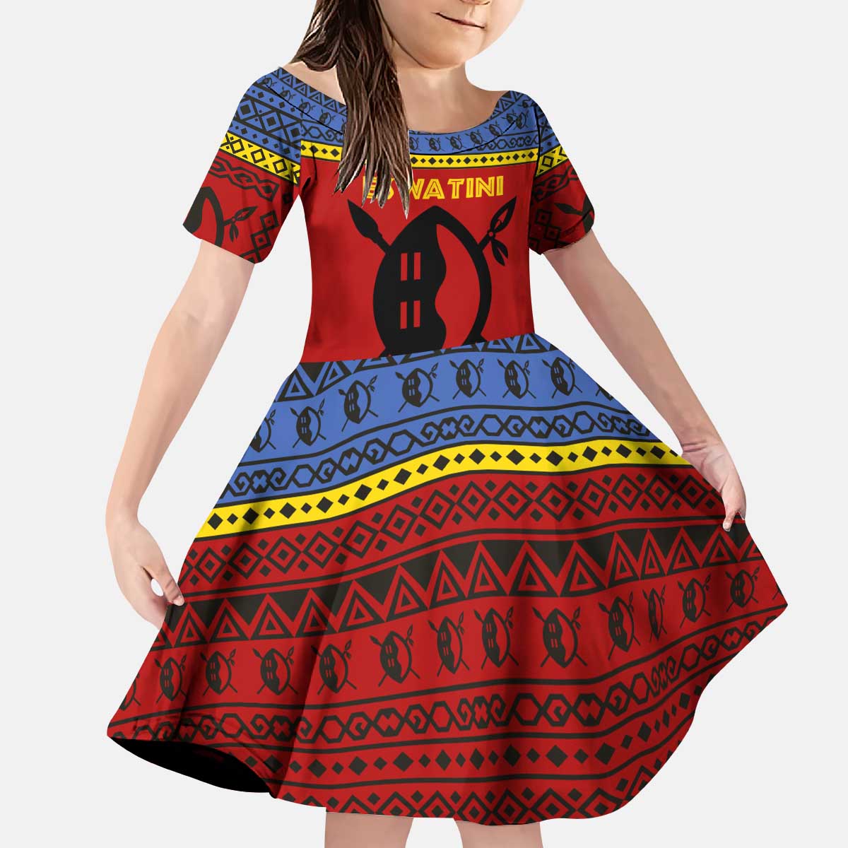 Eswatini Flag Kid Short Sleeve Dress with Traditional Shield Spear and Cultural Pattern Design - Wonder Print Shop
