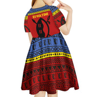 Eswatini Flag Kid Short Sleeve Dress with Traditional Shield Spear and Cultural Pattern Design - Wonder Print Shop