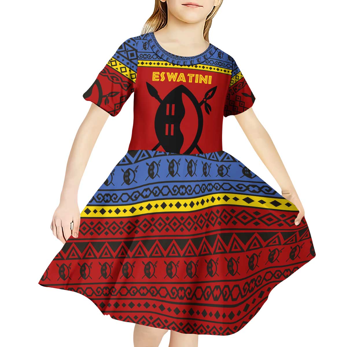 Eswatini Flag Kid Short Sleeve Dress with Traditional Shield Spear and Cultural Pattern Design - Wonder Print Shop